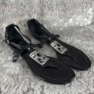 Coach Size 7.5B Black Patent Leather Odele Strappy Flat Sandals Silver Logo